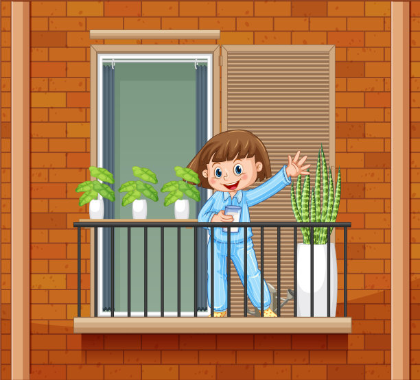 可爱的女孩在阳台上挥手图片下载