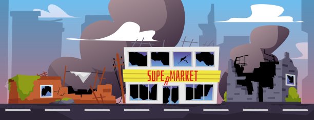 全景毁灭的城市，后果战争或自然灾害平坦风格图片下载