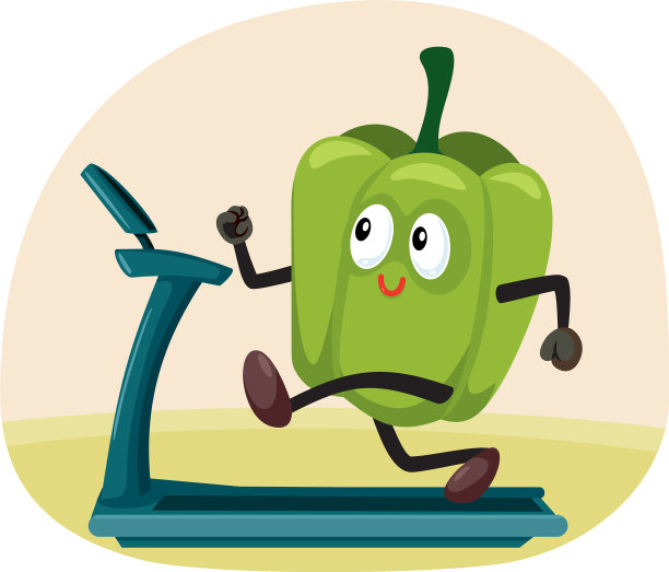 快乐的鳄梨吉祥物在跑步机上跑步图片下载