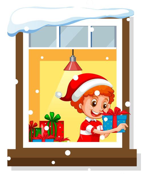 透过窗户看到一个男孩拿着礼物图片下载