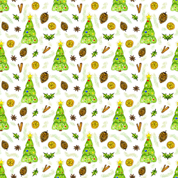 无缝图案与手绘水彩圣诞元素图片下载