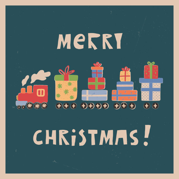 一个可爱的复古机车引擎，蒸汽火车送礼物，带着蝴蝶结和丝带的礼盒。复古风格的圣诞贺卡。矢量手绘中世纪插图与纹理。图片下载