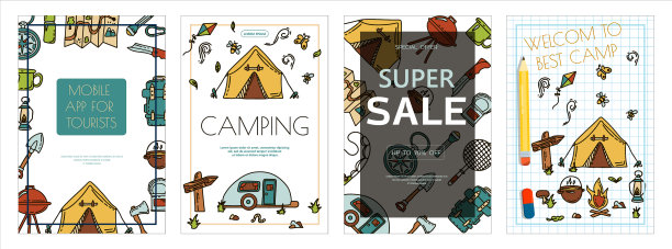 涂鸦野营横幅，素描徒步旅行图片下载