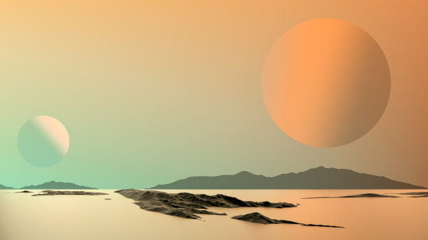 橙色和绿色的星球在天空中以岛屿和岩石为背景。山脉背景上极简抽象的行星。3 d渲染。图片下载