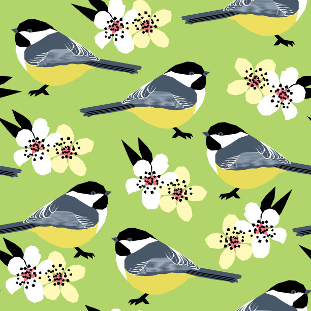 无缝图案与春天的樱桃和鸟类图片下载