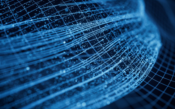 流动的粒子与发光的线，3d渲染。图片下载