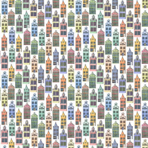 可爱、五颜六色的欧式房子。水彩插图。白色背景上的无缝图案。用于织物，纺织品，剪贴簿，纸张，墙纸，封面，纪念品，海报，包装，背景图片下载