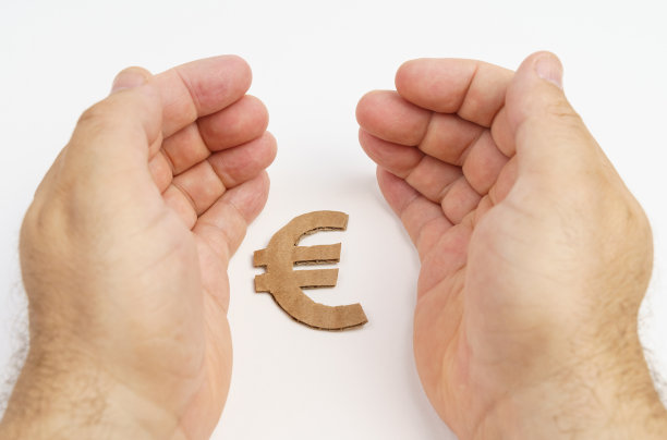 白色背景上，人手保护着欧元符号图片下载