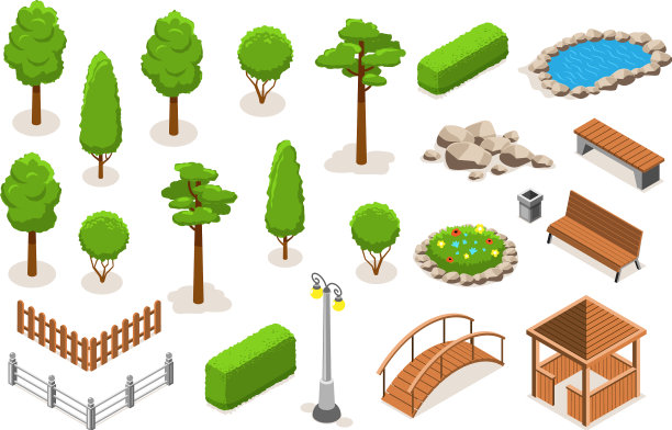 等距公园景观元素图标集图片下载