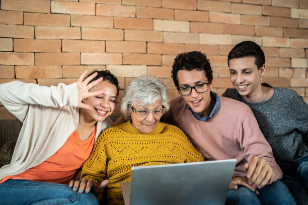 孙辈和祖母在家用笔记本电脑进行视频通话图片下载