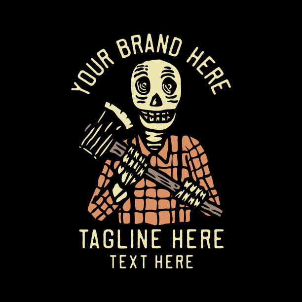 图片说明伐木工骷髅背着斧头复古t恤设计模板图片下载