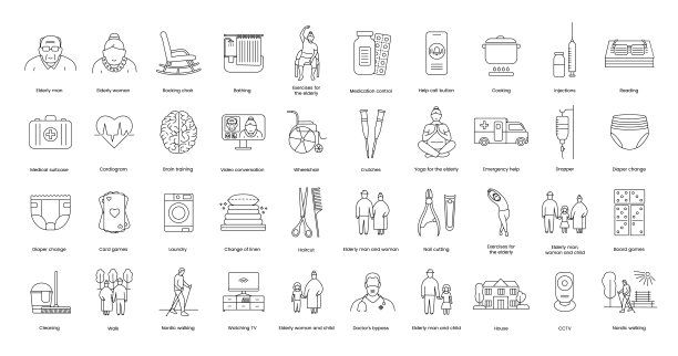 一套线性图标养老院，具有照顾老人、控制药物摄入、医疗护理、身体健康、组织休闲等功能。图片下载