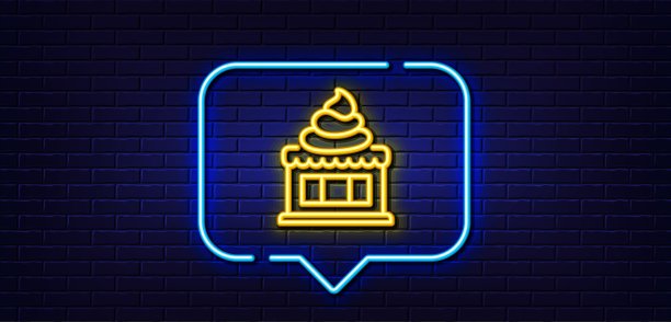 冰淇淋店线图标。香草味的圣代的迹象。霓虹灯语音泡泡。向量图片下载