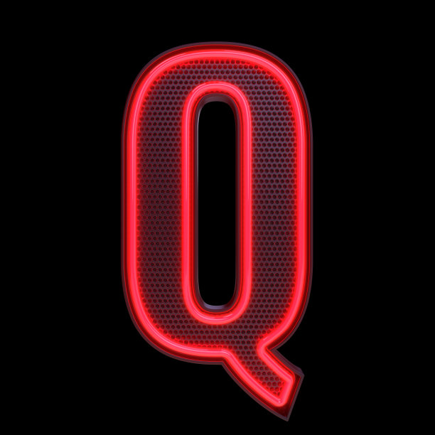 霓虹灯复古灯光字母Q孤立在一个黑色背景与剪贴路径。3d插图。图片下载