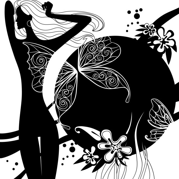 时尚模板页的轮廓裸女孩，圆横幅，花和蝴蝶翅膀在黑白颜色图片下载