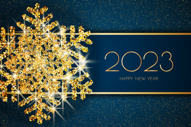 2023年新年贺卡。2023金色新年标志和金色雪花在深蓝色的背景。2023年新年快乐矢量插图。图片下载