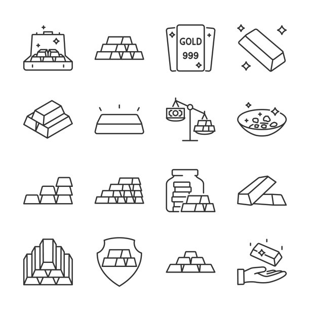 黄金的图标集。贵金属，储藏投资金属，线性图标收藏。线条与可编辑的笔画图片下载