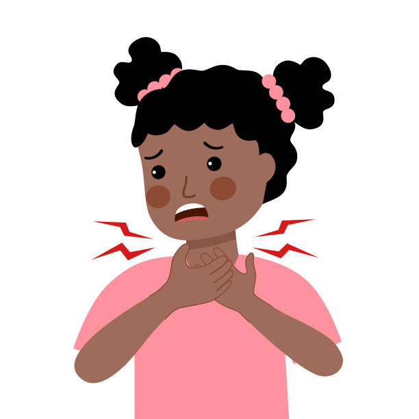 由病毒或细菌引起的喉咙痛症状的非洲女童，白底扁平图案。图片下载