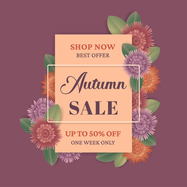 秋天销售的背景与美丽的花。框架，花，叶横幅，传单，促销海报，邀请，广告模板。特殊报价的概念。矢量图图片下载