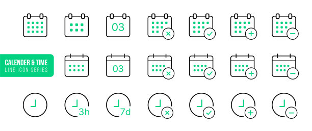 日历和时间细线图标。最小平面矢量插图。包括简单的大纲图标时间表，提醒，约会，计划，事件时间，计时器，时钟。图片下载