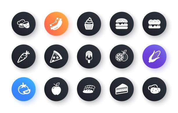 食物图标。蔬菜，水果和甜点的图标。土豆，苹果水果和一块蛋糕。向量图片下载