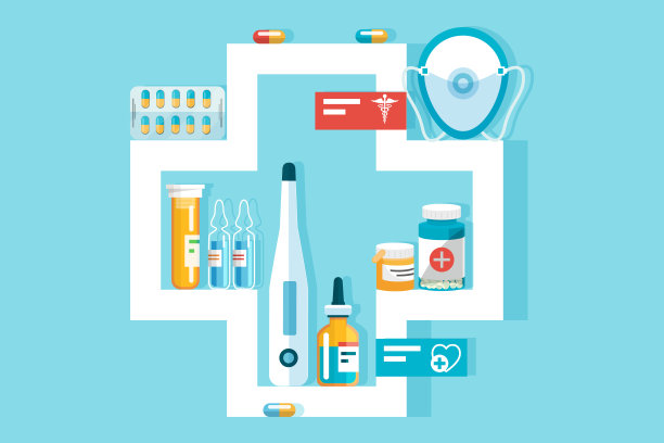 扁平化的医疗保健理念。医疗标志与医疗项目的彩色中性背景。图片下载