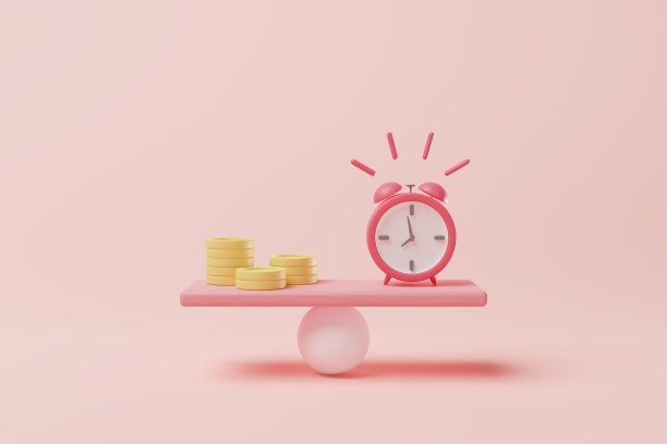 闹钟和硬币的刻度在同一水平面上。时间就是金钱的概念。三维渲染图片下载