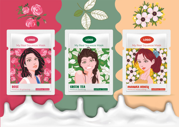 集玫瑰、绿茶、麦卢卡蜂蜜美容面膜个性化包装，尽显美颜图片下载