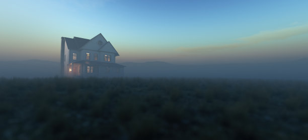 日出时雾蒙蒙的山谷中，草地上的古老维多利亚式房子。3 d渲染。图片下载