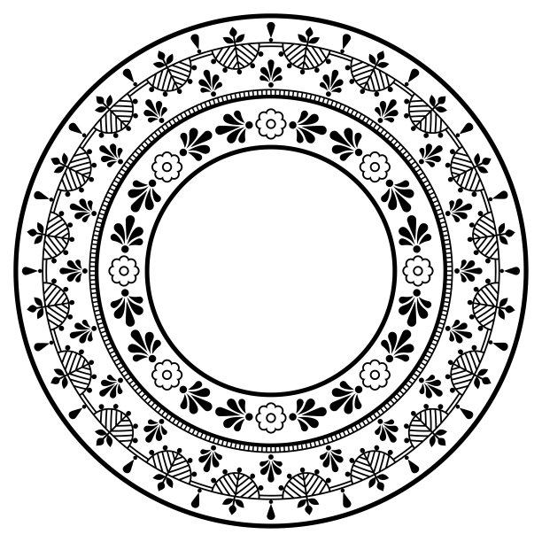 斯堪的纳维亚矢量曼荼罗设计与花，贺卡或婚礼邀请花卉圆框图案灵感来自北欧民间艺术在黑白图片下载