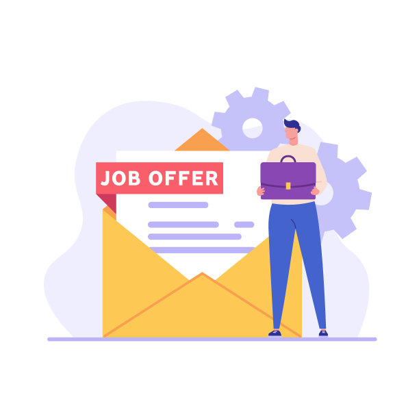 工作概念，招聘搜索，开始职业生涯，空缺。我们招聘海报。男子员工与案件接收邮件与工作要约。招聘搜索。矢量插图在平面设计图片下载