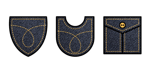 补丁口袋的衬衫，包，裤子，连衣裙。不同的黑色牛仔布或牛仔裤口袋缝，休闲服装模板，矢量插图在白色背景图片下载