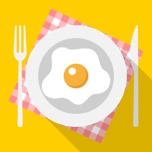 早餐，盘子与餐具，护身符，在一个红色方格桌布上，在一个黄色的背景，平面风格，矢量图片下载