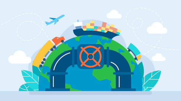 商业物流。一个物流运输进出口货物的世界地球仪设计与卡车、飞机、船舶。管道运输。快递或邮政服务技术货物运输。向量图片下载