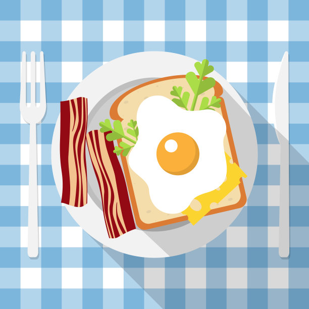 早餐，盘子餐具，护身符，培根，面包，香草，蓝色方格桌布，平面风格，矢量图片下载