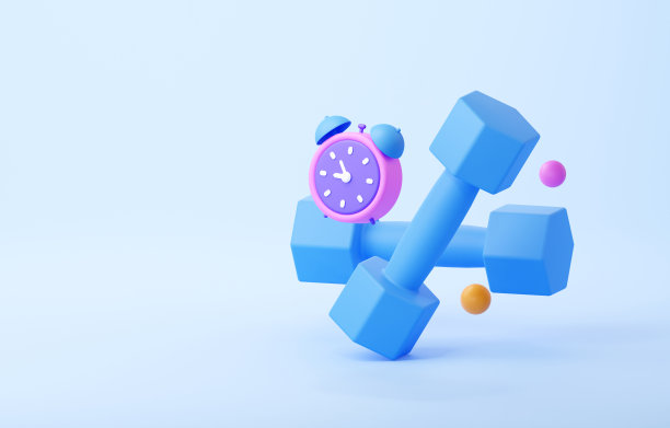 健身用哑铃闹钟。运动、瑜伽、锻炼的时间概念。3 d渲染。蓝色和粉色的图片下载