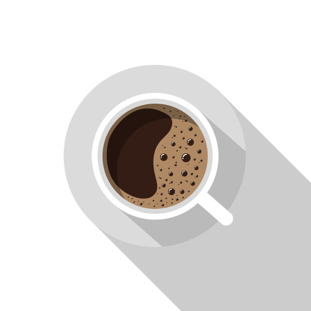 咖啡杯与阴影在平面风格的白色背景，矢量图片下载
