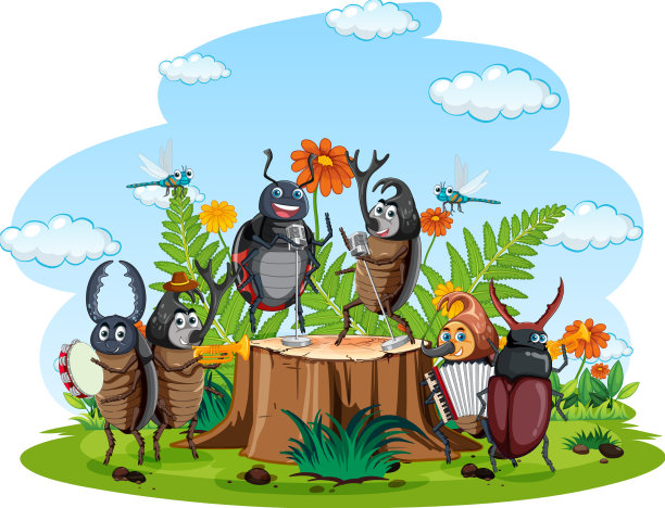 快乐的昆虫在大自然的童话场景图片下载