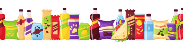 小吃店无缝图案、快餐饮料产品。饮料瓶，包装三明治，苏打水和果汁。食品店元素为市场设计，卡通风格矢量图片下载