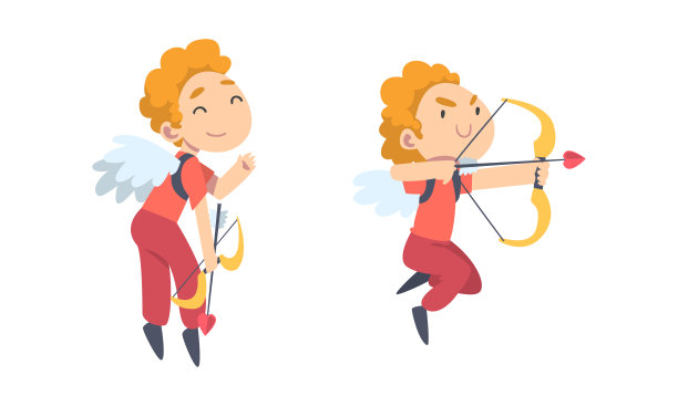 有趣的男孩丘比特字符飞行与翅膀持有弓和箭矢量集图片下载