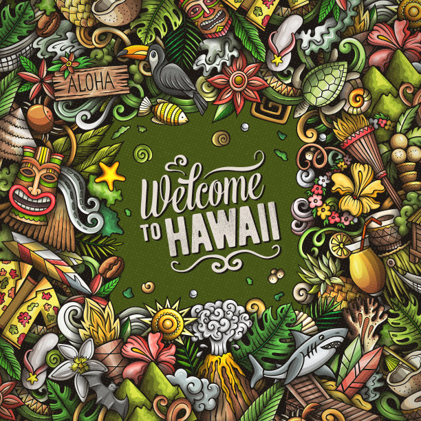 夏威夷卡通矢量涂鸦框架图片下载