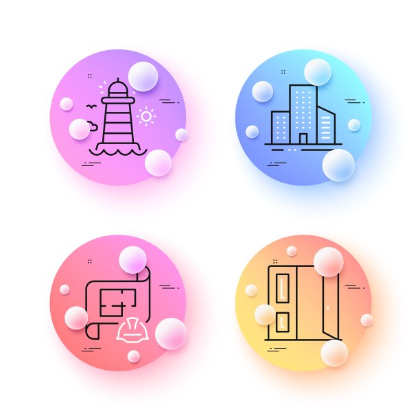 灯塔，工程计划和打开门最小的线条图标。对于web应用程序，打印。向量图片下载