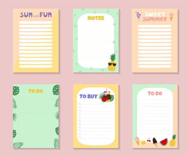 模板笔记，做和购买清单可爱的夏季对象和字母图片下载