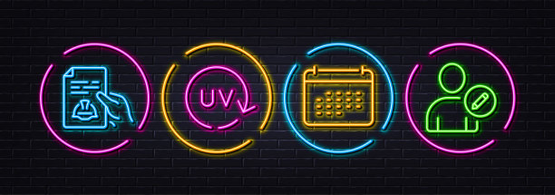 技术文档，日历和紫外线保护最小线图标。对于web应用程序，打印矢量图片下载