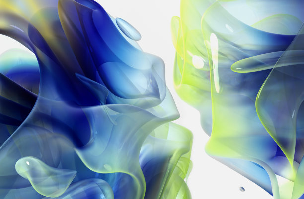 抽象艺术3d背景的三维渲染，部分超现实异域花朵曲线波浪式优雅螺旋有机线条形成半透明光滑的塑料材料，深蓝色和翠绿色渐变色在白色上的多层效果图片下载