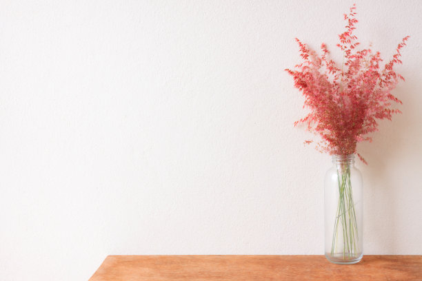 粉色的花草在木制的玻璃瓶上，以墙为背景图片下载