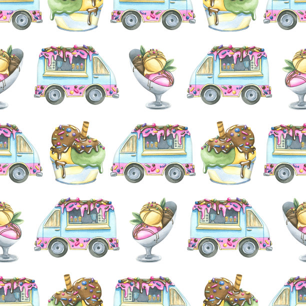 一辆货车，奶油机里的冰淇淋球，还有撒有糖霜、糖浆和糖果屑的杯子。水彩插图。白色背景上的无缝图案来自一大套冰淇淋。图片下载