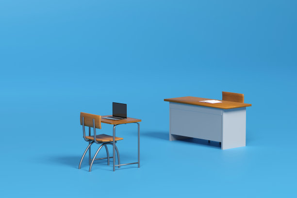 学校的书桌和笔记本电脑在桌子上的蓝色背景3D渲染图片下载