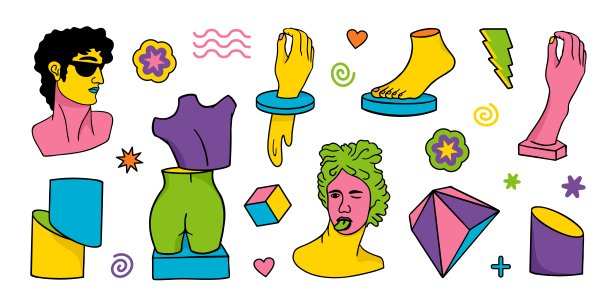 希腊雕塑迷糊了。雕像人物手臂和腿的柱状灰泥。一套卡通矢量插图在一个迷幻的旅行风格。图片下载