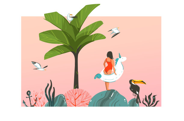 手绘矢量抽象卡通夏季时间图形插图模板卡与女孩，独角兽浮动环，棕榈树，日落，巨嘴鸟海滩场景孤立在粉红色粉彩背景图片下载